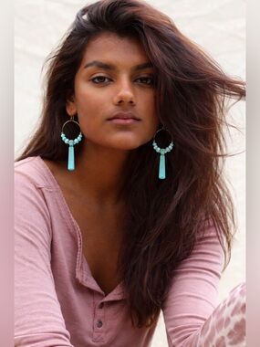 Gold Hoop Earrings with Turquoise Bar & Chip Beads
